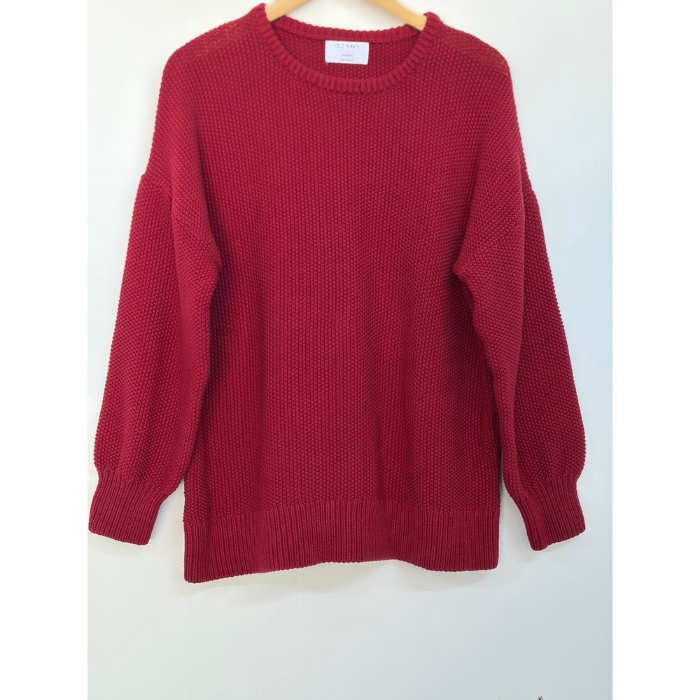 Old Navy Women's Large Red Textured Knit Tunic Sweater 100% Cotton Crew Neck